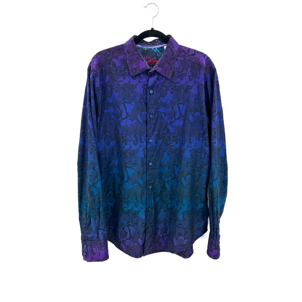 ROBERT GRAHAM Beat Street Blue Purple Ombre Graffiti Long Sleeve Dress Shirt XL